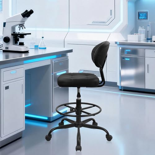 KLASIKA Drafting Stool with Backrest, Tall Adjustable Height Office Chair, PU Leather Swivel Rolling Stool with Footrest & Wheels for Standing Desk, Bar, Salon, Spa, Lab, Counter, Home, Black，1PK - color: Black With Backrest, size: 1PK