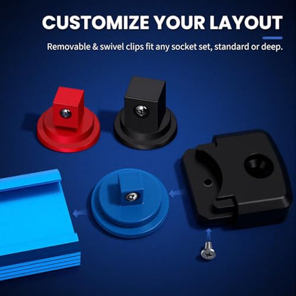 8PC Magnetic Socket Organizer Set, for 1/2″ 3/8″ 1/4″ Drive with 3 Black 3 Red 2 Blue Trays, 360° Swivel Removable Clips, Heavy Duty Aluminum Alloy Rail for Tool Box Drawer