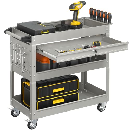 3-Tier Tool Cart on Wheels, Heavy-Duty Metal Tool Cart with Lockable Drawer, 400 LBS Capacity Mechanic Utility Cart for Garage & Workshop(Gray) - color: Gray