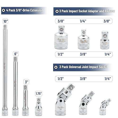 Bates- Socket Accessory Set, 10 pcs, Silver, 3/8" Extension Set, 1/4", 3/8" & 1/2" Drive Universal Joints & Socket Adapter Set, 3/8 Extension Set - color: Silver, size: 10 pcs