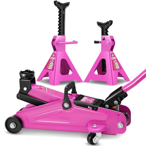 Low Profile Hydraulic Trolley Service/Floor Jack Combo with 2 Ratchet Jack Stands, 2 Ton (4000 lbs) Capacity, Lifting Range 11"-17", CAAP-TOLS-FJK-Set-PR