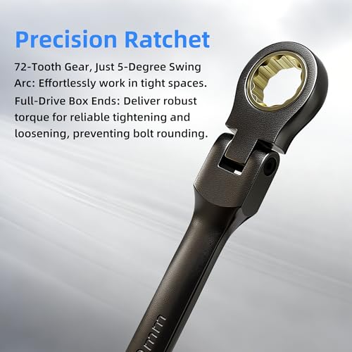 Extra Long Flex Head Ratcheting Wrench Set 6PCS Metric (8-19mm), Double Box End Wrench Set 180° Flexible Head CR-V Steel for Tight Engine Bays, with 4PCS Socket Wrench Adapters & Pouch