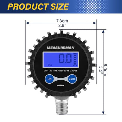 MEASUREMAN 2-1/2" Dial Size Digital Air Pressure Gauge with 1/4'' NPT Bottom Connector and Protective Boot, 0-250psi, Accuracy 1%, Battery Powered with LED Light - size: Long thread, style: 0-250psi