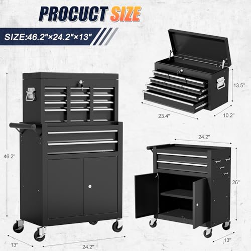 10-Drawer Rolling Tool Chest with Wheels, 2 in 1 Tool Box Rolling Tool Chest Heavy Duty, High-Capacity Mechanic Tool Organizer, Adjustable Shelf & Detachable Top Cabinet, Black - color: Black