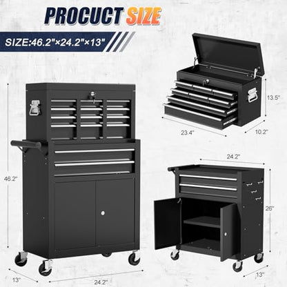 10-Drawer Rolling Tool Chest with Wheels, 2 in 1 Tool Box Rolling Tool Chest Heavy Duty, High-Capacity Mechanic Tool Organizer, Adjustable Shelf & Detachable Top Cabinet, Black - color: Black