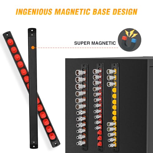 GOOACC Magnetic Socket Organizer 1/4" 3/8" 1/2" Socket Holder Set with 40 360° Swivel Clips Heavy Duty Aluminum Socket Rail Organizer for Tool Box Drawer, 3 Pieces Drive Magnetic Socket Rails Holders - size: Rail Magnetic 3PC 1/4"3/8"1/2"Orange Red Yellow