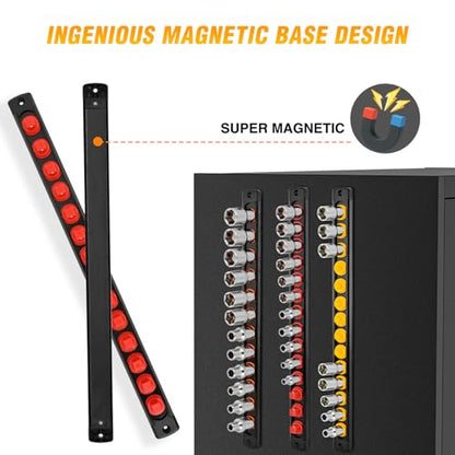 GOOACC Magnetic Socket Organizer 1/4" 3/8" 1/2" Socket Holder Set with 40 360° Swivel Clips Heavy Duty Aluminum Socket Rail Organizer for Tool Box Drawer, 3 Pieces Drive Magnetic Socket Rails Holders - size: Rail Magnetic 3PC 1/4"3/8"1/2"Orange Red Yellow