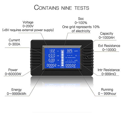 DC 0-200V 300A Battery Monitor with Shunt, 9-in-1 Digital LCD Multimeter | Multimeter for 12V/24V/48V Solar System, RV, Car, Measures Voltage, Current, Power, Energy, Impedance, Capacity - style: DC 300A Battery Meter（300A Shunt）