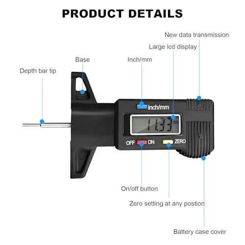 Digital Tire Tread Depth Gauge, 1 Inch/25.4 mm Metal Tread Depth Measurement with LCD Display, Accurate Zeroable Tire Depth Measuring Tool for Cars Trucks Vans SUVs (Black) - color: Black