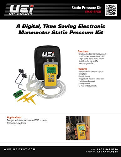 UEi EM201SPKIT Static Pressure Test Kit with EM201B Digital Differential Manometer, HVAC Pressure Measurement Kit, Includes Pressure Testing Accessories