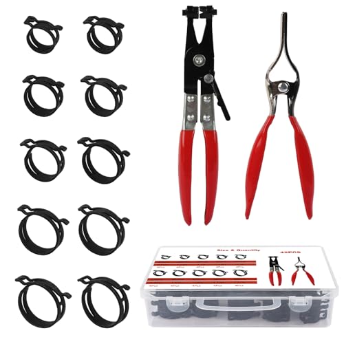 Spring Hose Clamp and Removal Pliers Set – 42 Pieces (24–46mm, 10 Large Fuel Line Clamp Sizes)