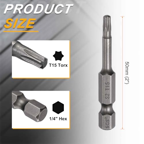 HARFINGTON 10pcs T15 Torx Head Screwdriver Bit 1/4" Hex Shank 2" (50mm) Long Magnetic No Hole Tip Tamper Proof 6 Point Star Screw Driver Drill Bits S2 Steel Industrial Power Screwdrivers - size: T15 x 2"