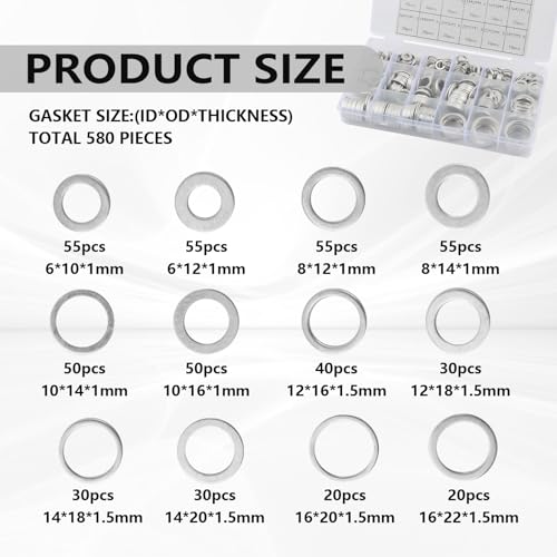 580PCS Car Oil Drain Plug Gasket Kit,Oil Crush Washer Assortment with 18 Dimensions Includes M6/M8/M10/M12/M14/M16/M18/M20/M22/M24 for Sealing,Practical Car Accessories Gasket Kit
