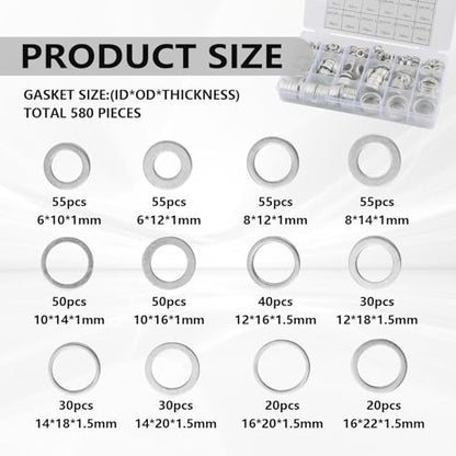 580PCS Car Oil Drain Plug Gasket Kit,Oil Crush Washer Assortment with 18 Dimensions Includes M6/M8/M10/M12/M14/M16/M18/M20/M22/M24 for Sealing,Practical Car Accessories Gasket Kit