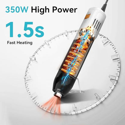 DELI Mini Heat Gun, 350W Dual Temp 500℉/842℉ (260℃/450℃) with Reflector & Extra Nozzles, 6 FT Cable, Overload Protection – for Crafting, Vinyl Wrap, Epoxy, Resin, Shrink Tubing - color: White