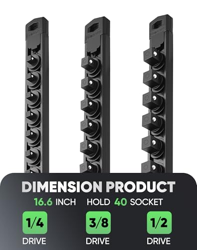 ALOANES Magnetic Socket Organizer Set, 3-Piece Heavy Duty Aluminum Socket Rails, 360° Swivel Clips Socket Rail Kit for Tool Tray Drawer Fit 1/2, 3/8, 1/4-Inch x 40 Clips (Black, 3PC)