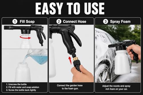 Car Wash Foam Gun for Garden Hose, Premium Foam Cannon Sprayer with Adjustable Foam Blaster, Car Wash Kit Soap Sprayer for Auto Detailing, Easy Connect Hose Foam Cannon-Black - color: Black