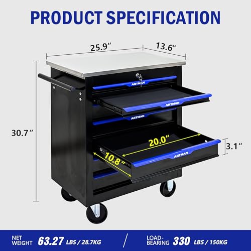 7 Drawer Heavy Duty Rolling Tool Chest, Mobile Metal Lockable Tool Cart with Stainless Steel Worktop, Garage Tool Storage Cabinet for Workshop Auto Repair, Black & Blue, 30.7" H × 25.9" W - size: 7 Drawers