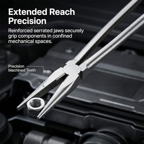 QWORK 16 Inch Long Reach Needle Nose Pliers, Straight Long Nose with Narrow Jaws, Chrome Vanadium Steel Mechanic Pliers for Tight Spaces, Auto/Motorcycle Repair, Machinery & Pipeline Maintenance