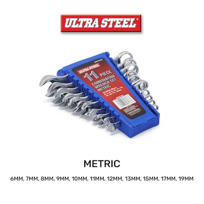 11PC Combination Wrench Set, Metric, 6MM, 7MM, 8MM, 9MM, 10MM | 11MM, 12MM, 13MM, 15MM, 17MM, 19MM, Wall Hanging Case Included, Mechanic, Automotive, DIY, Garage, Workshop, Repair