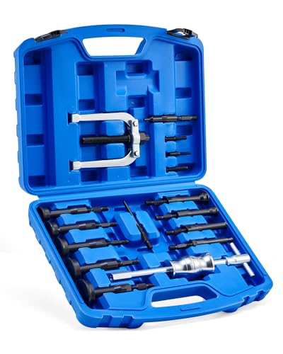 Orion Motor Tech Blind Hole Collet Bearing Race and Seal Puller Extractor Kit, Slide Hammer Pilot Insert Inner Bearing Removal Tool Set, 16 Pieces | 16pc Slide Hammer Pilot Insert Inner Bearing Removal Tool Set, Blue Case - color: blue