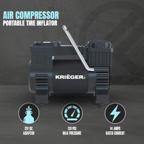 K KRIËGER Air Compressor Portable Tire Inflator 12V DC Air Pump for Car Tires with Digital Tire Pressure Gauge 120 Max PSI Preset Pressure Feature, LED, Digital Display Includes Storage Bag