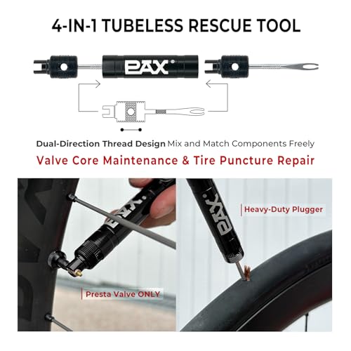 PAX 4-in-1 Tubeless Bike Tire Puncture Repair Kit - Includes CO2 Inflator Head, Presta Valve Core Remover, 5mm Hex Key & Tire Plugger. Lightweight Aluminum for MTB & Road Bicycles