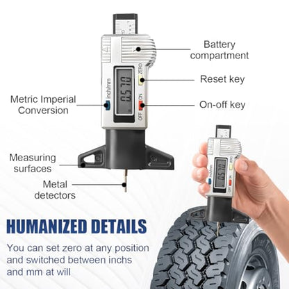 Digital Tire Tread Depth Gauge, Portable 0.01mm Resolution Vehicle Tire Wear Checker with LCD Display & Inch/MM Conversion, Universal Auto Measuring Tool for Car Truck Tires (Silver) - color: Silver