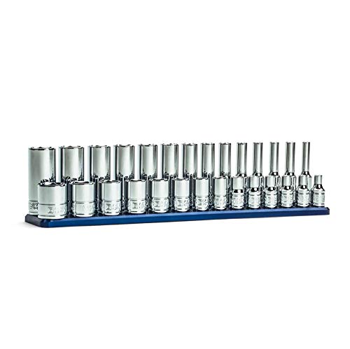 Capri Tools 1/4 Drive Shallow and Deep Chrome Sockets Set, 6-Point, 4 to 15 mm, Metric, 28-Piece with Billet Aluminum Socket Rail - size: Shallow & Deep Set w. Rail / 4-15 mm