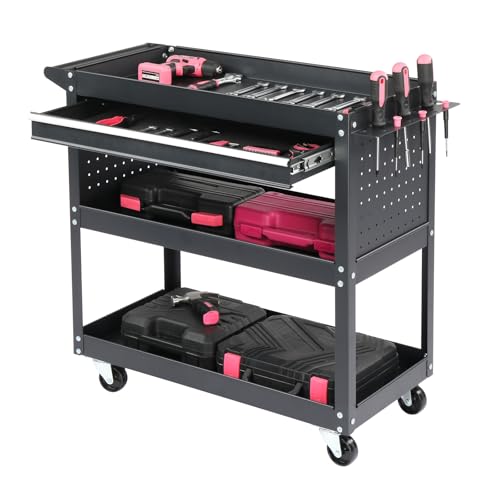 3 Tier Rolling Tool Cart, 3-Tier Tool Cart on Wheels, Mechanic Tool Cart on Wheels, Heavy Duty Utility Cart with Drawers and Pegboard, 330 LBS Capacity Tool Storage Cart for Garage, Warehouse - color: A