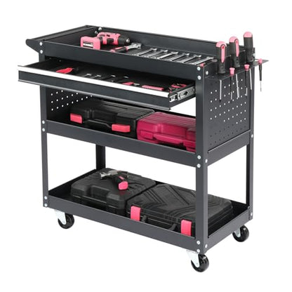3 Tier Rolling Tool Cart, 3-Tier Tool Cart on Wheels, Mechanic Tool Cart on Wheels, Heavy Duty Utility Cart with Drawers and Pegboard, 330 LBS Capacity Tool Storage Cart for Garage, Warehouse - color: A