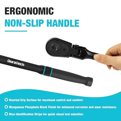 DURATECH 1/2-Inch Drive Flex-Head Ratchet, 90-Tooth Quick-Release Ratchet Wrench with 180° Pivoting Head and 7-Position Setting, Reversible, CR-V Made, CR-MO Head, 4° Swing, Black Mn Phosphate Finish - size: 1/2"(Black)