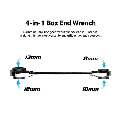 Capri Tools 4-in-1 120-Tooth Box End Reversible Ratcheting Wrench Set, Metric and SAE, 4-Piece with 16 Sizes - size: Metric and SAE (4-Piece Set)