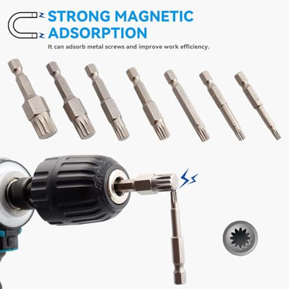 Yakamoz 7Pcs XZN Triple Square Bit Set - 1/4’’ Hex Shank Magnetic Spline Bit 12-Point Torx Screwdriver Bits for Electric Impact Tools, M4-M12, S2 Steel