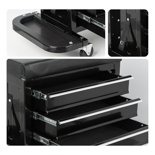3-Drawer Tool Chest Rolling Mechanic Seat Heavy Duty Rolling Workshop Stool with Tool Trays 350 lbs Capacity Black Garage Creeper Seat for Auto Repair