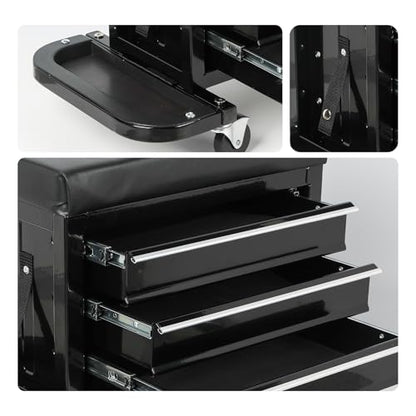3-Drawer Tool Chest Rolling Mechanic Seat Heavy Duty Rolling Workshop Stool with Tool Trays 350 lbs Capacity Black Garage Creeper Seat for Auto Repair