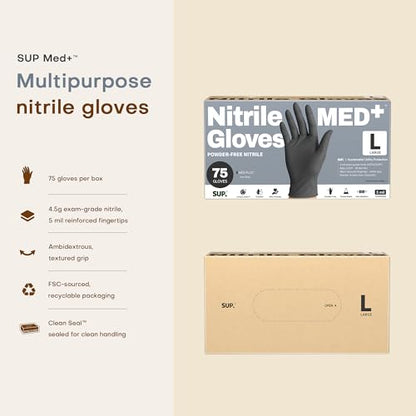 SUP MED+ Black Nitrile Exam Gloves, 5 Mil Disposable Gloves Latex & Powder-Free Medical Food Safe Cooking Glove, 75 or 750 Ct - color: Large (Black 1000)