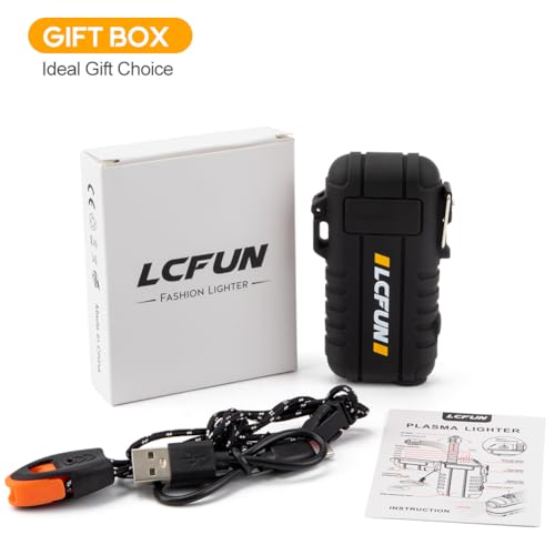 LcFun Electric Dual Arc Lighter USB Rechargeable, Windproof Plasma Lighters with LED Battery Indicator, Waterproof Flashlight Lighter with Whistle Lanyard for Camping, Survival Gear - color: Black Pro