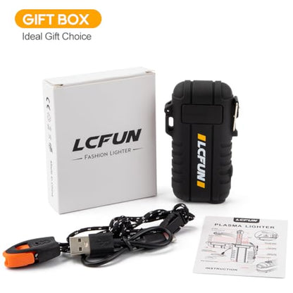 LcFun Electric Dual Arc Lighter USB Rechargeable, Windproof Plasma Lighters with LED Battery Indicator, Waterproof Flashlight Lighter with Whistle Lanyard for Camping, Survival Gear - color: Black Pro