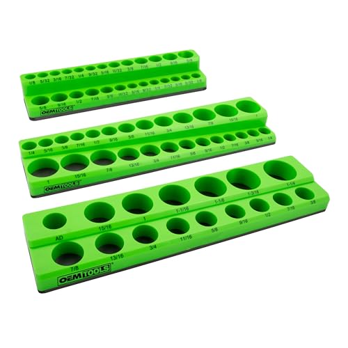 OEMTOOLS 3-Pc Magnetic Socket Organizer for 68 Deep & Shallow SAE Sockets | SAE Magnetic Socket Holder, Non-Marring Rubberized Base Socket Holders, Holds 1/4, 3/8, 1/2 Inch Sizes, Clearly Marked Sizes - style: 3Pc Green