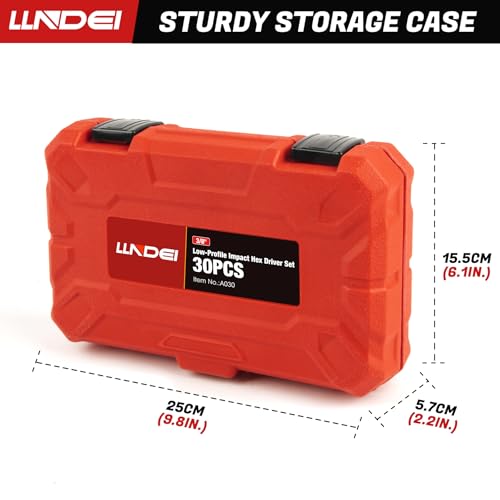 LLNDEI 30PCS 1/4-3/4 SAE/Metric, 3/8 Drive Low Profile Impact Hex Driver Set, 6-19mm, with E-torx Bit Socket Set E8-E20, Square Bit Socket, U-Joint Extension Bar, Cr-Mo, Storage Case