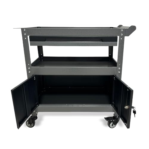 JZD Steel Rolling Tool Cart, Metal Industrial Grade Utility Cart on Wheels with One Drawer & Lockable Cabinets, for Mechanic Garage Auto Repair Shop, Black & Grey - size: 03