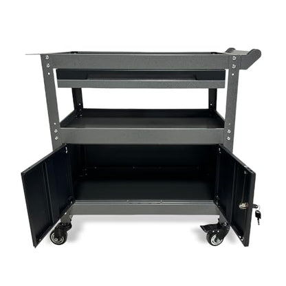 JZD Steel Rolling Tool Cart, Metal Industrial Grade Utility Cart on Wheels with One Drawer & Lockable Cabinets, for Mechanic Garage Auto Repair Shop, Black & Grey - size: 03
