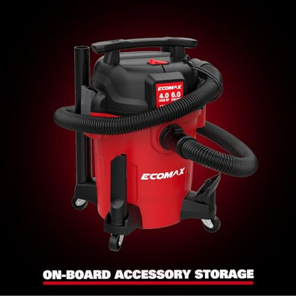 ECOMAX Ultra Quiet Shop Vacuum Wet and Dry 6 Gal 4 HP | 80% Less Noise, 3X Longer Motor Lifespan, Powerful Sunction, Portable Shop Vacuum Cleaner for Garage Workshop Jobsite