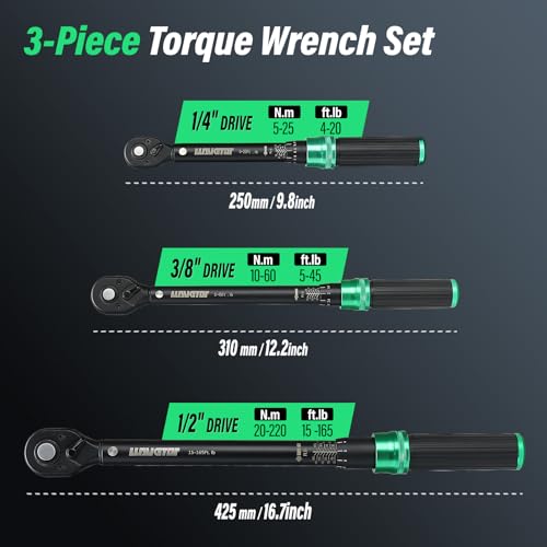 1/4 & 1/2 & 3/8 Drive Torque Wrench, 3PCS Torque Wrench Set, 4-20 ft.lb, 5-45 ft.lb, 15-165 ft.lb, Dual-Direction Adjustable Torque Wrench for Bicycle, Motorcycle, Car Maintenance - style: 3PCS