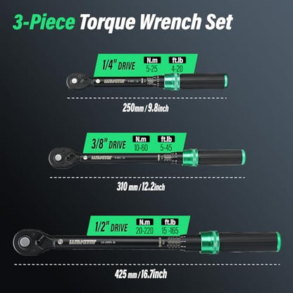 1/4 & 1/2 & 3/8 Drive Torque Wrench, 3PCS Torque Wrench Set, 4-20 ft.lb, 5-45 ft.lb, 15-165 ft.lb, Dual-Direction Adjustable Torque Wrench for Bicycle, Motorcycle, Car Maintenance - style: 3PCS