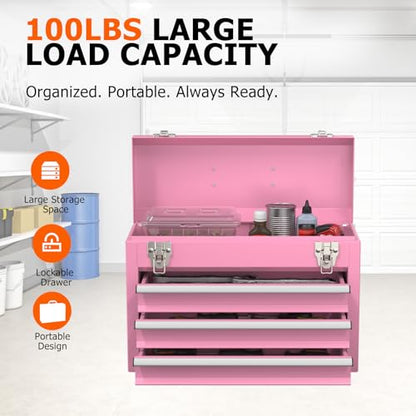 Portable Metal Tool Box with Drawers, Latches Tool Box with EVC Liners for Garage, Home and Workbench (Pink) - color: Pink