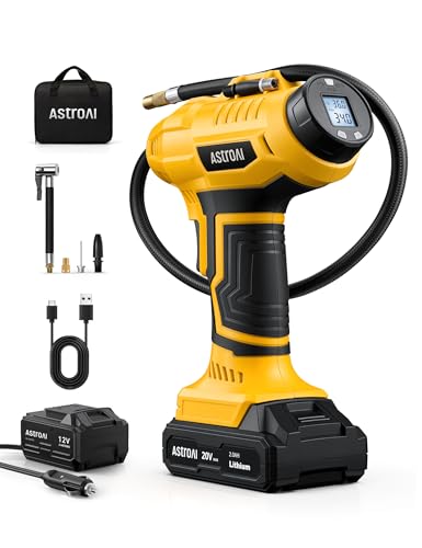 AstroAI Cordless Tire Inflator Portable Air Compressor Fast Inflation 160 PSI Air Pump 20V Rechargeable Battery Powered with 12V DC Adapter Digital Pressure Gauge for Cars Motorcycles Bikes Yellow - color: Yellow