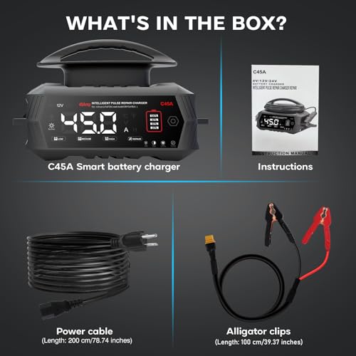 Car Battery Charger 45 Amp, 6V/12V/24V Lead-Acid LiFePo4 Battery Chargers | Smart Automotive Battery Charger, Battery Maintainer, Trickle Chargers for Car, Motorcycle, Boat
