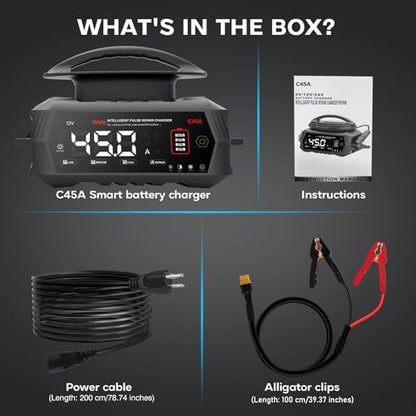 Car Battery Charger 45 Amp, 6V/12V/24V Lead-Acid LiFePo4 Battery Chargers | Smart Automotive Battery Charger, Battery Maintainer, Trickle Chargers for Car, Motorcycle, Boat